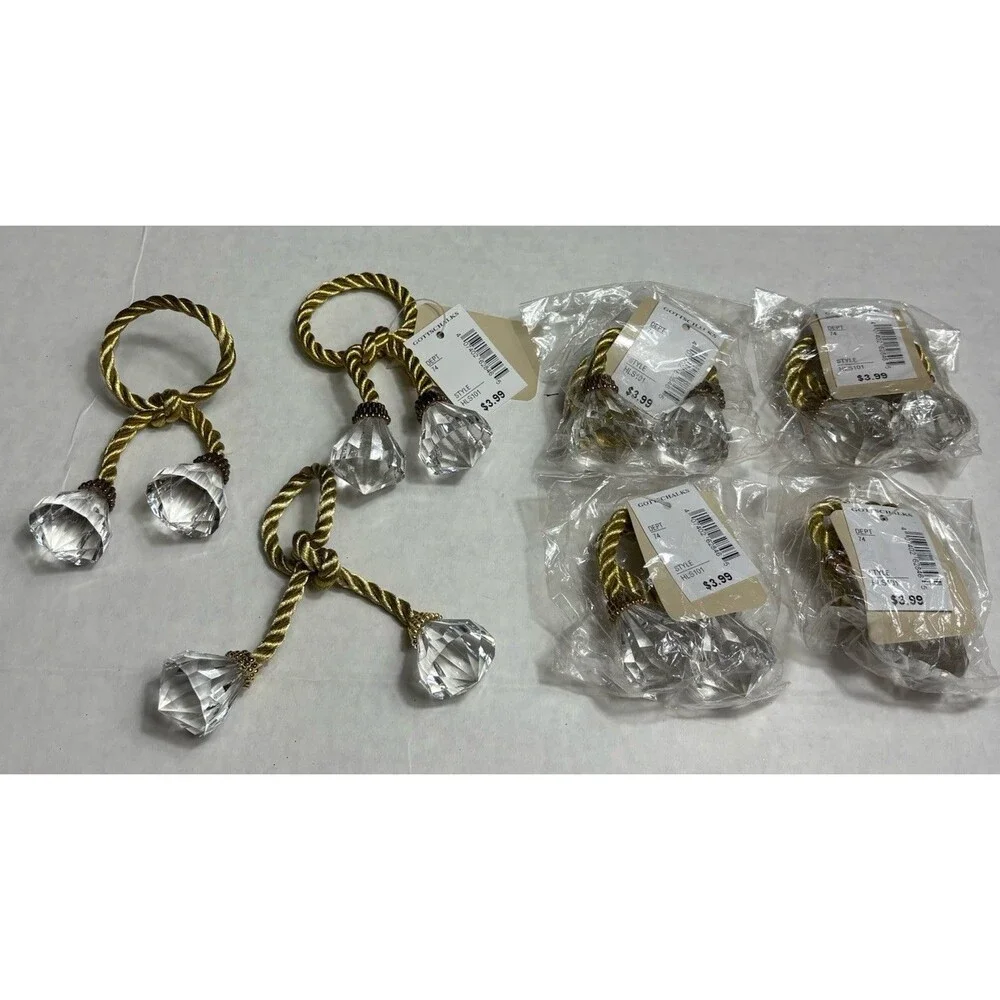 Set 7 Gold Rope Crystal Diamond Napkin Rings Clear Faceted Holiday Table